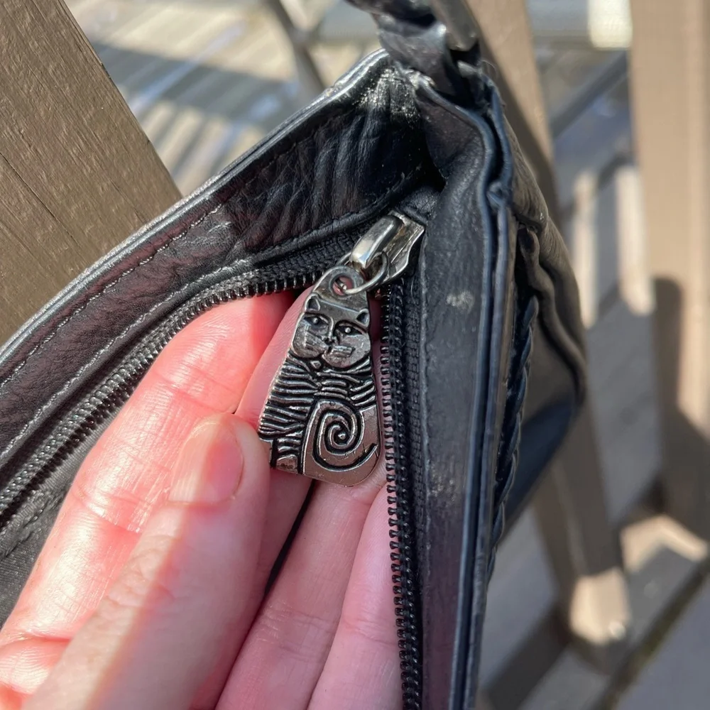 Laurel Burch Black Leather Messenger Bag with Cat Emblem